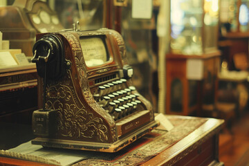 An ornate vintage cash register on display in the warm ambiance of an antique shop. - obrazy, fototapety, plakaty