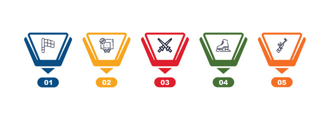 outline icons set from sports concept. editable vector included chequered flag, basketball basket, saber, ice skating, biathlon icons.