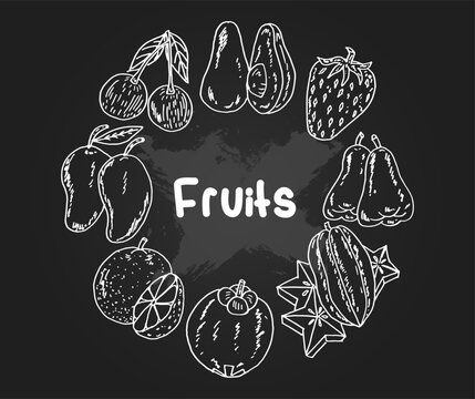 Fruit hand drawn vintage illustration. Doodle drawing fruit of avocado, strawberry, water apple, starfruit, mangosteen, orange, mango and cherry. Cartoon vector illustration art.