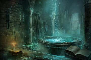 Sorcerers lair, ancient tomes, bubbling cauldron, mystical ambiance - obrazy, fototapety, plakaty