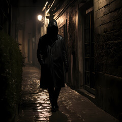 Fototapeta na wymiar Enigmatic masked figure in a dimly lit alley.