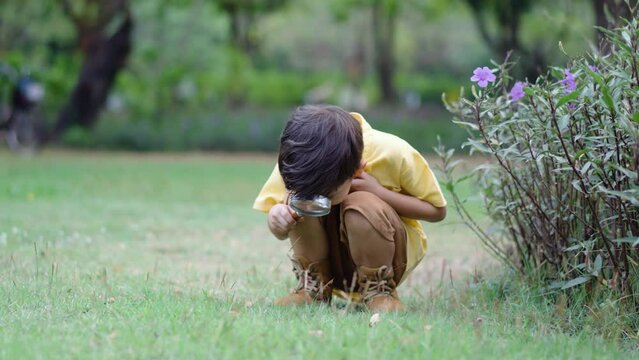 Mixed race little boy exploring the nature with magnifying glass outdoors, children playing in the park with magnifying glass. Curious kid exploring nature by magnifier
