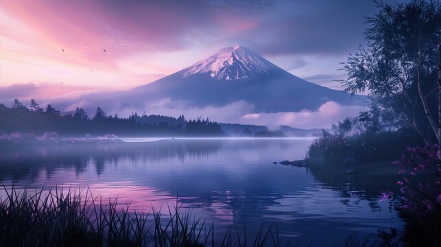 Beautiful japanese FujiYama Japan Fujisan sunrise view landscape in autumn at golden hour purple sunset with clouds and misty lake