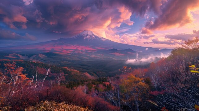 Beautiful japanese Fuji mountain volcano Japan Fujisan sunrise view landscape in autumn at golden hour purple sunset with  purple sunset with clouds