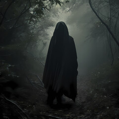 Mysterious hooded figure walking through a dense forest - obrazy, fototapety, plakaty