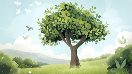 Paisagem de primavera com uma árvore, flores e um pássaro. Ilustração vetorial.