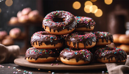 A selection of baked goods featuring donuts with chocolate frosting and sprinkles - obrazy, fototapety, plakaty