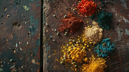 Colorful spices on wooden table  