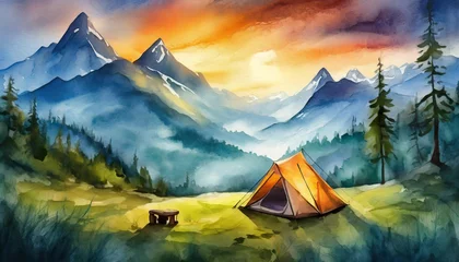 Foto auf Acrylglas Watercolor camping site and landscape view forest and mountains, camp tent, outdoor activities © happyjack29