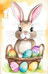 Cute Easter rabbit with basket of colorful eggs. Watercolor illustration