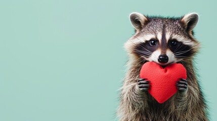 Generative AI image of cute happy racoon placed a stuffed heart shape on the head isolated on...