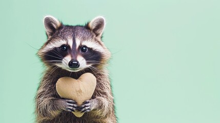 Generative AI image of cute happy racoon placed a stuffed heart shape on the head isolated on pastel green background, copy space, sharp focus, pro shot , noisy image