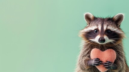Generative AI image of cute happy racoon placed a stuffed heart shape on the head isolated on...