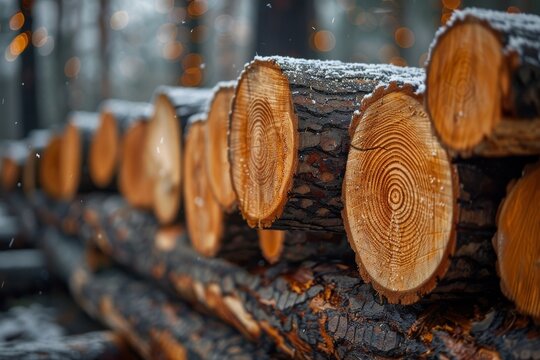 A detailed image capturing the rings of timber logs stacked with snowflakes visibly resting on them, evoking the freshness of winter