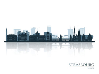 Fototapeta premium Strasbourg skyline silhouette with reflection. Landscape Strasbourg, France. Vector illustration.