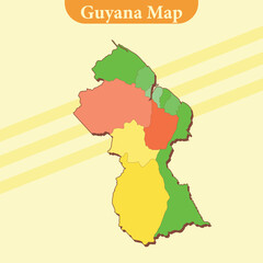 National map of Guyana map vector with regions and cities lines and full every region