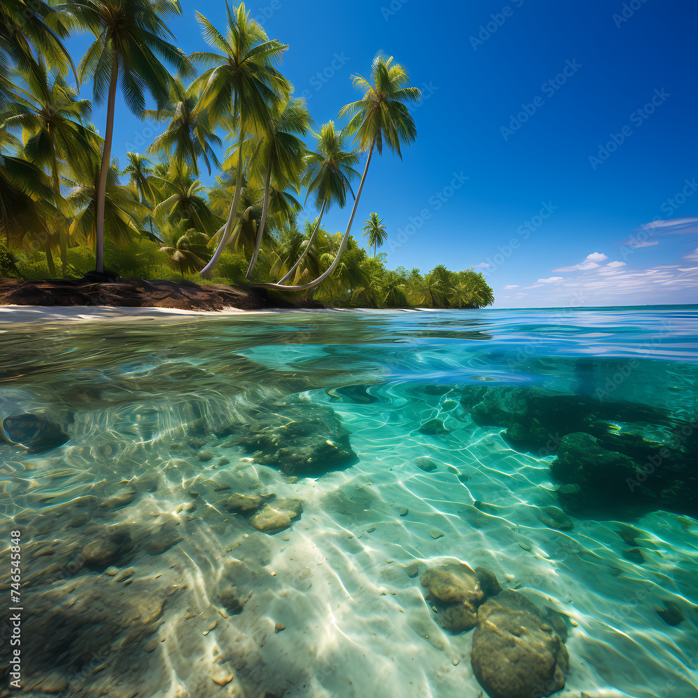 Wall mural Tropical beach with crystal-clear water and palm trees - Wall murals
