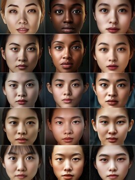 Collection of women faces, mixed-race asian, african, afro-asian young ladies, mosaic of Japanese, Chinese, Vietnamese, Korean, Thai girls, portrait of a female identity in Asia