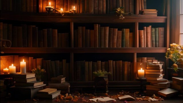 World Poetry Day Video animation of intimate atmosphere of a well organized library or personal book collection. A wooden ladder leans against the shelves