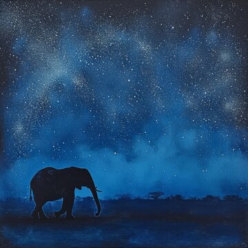 Generative AI image of Envision a tranquil night on the African savanna, where a solitary elephant strolls under a vast starry sky. The Milky Way arcs magnificently overhead.