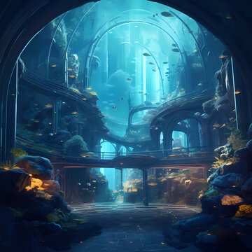 Underwater city with glass tunnels and marine life