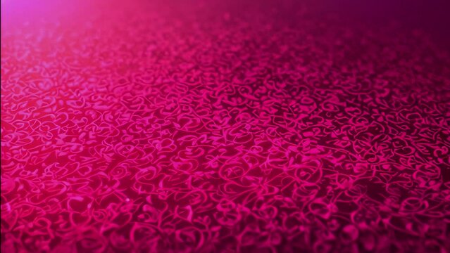 Valentine's Day animation video of intricate pattern of swirling designs, reminiscent of Arabic or Persian calligraphy, set against a gradient background that transitions from a deep red to a lighter 