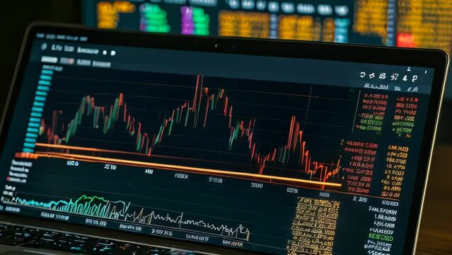 Business Video animation of laptop screen showing a colorful stock market graph with fluctuating lines and bars, and numerical data on the right side