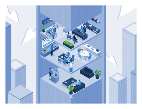 Isometric office life interior concept. 3d office with workers, furniture and equipment. Vector illustration.