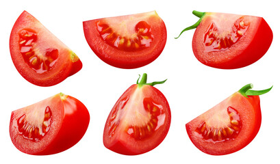 Collection of tomato slices from different angles isolated on a transparent background.