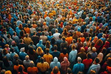 Obraz premium Top-down view of a diverse crowd of individuals gathered, highlighted by the warm tones of sunset