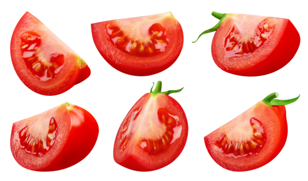 Collection of tomato slices from different angles isolated on a transparent background.