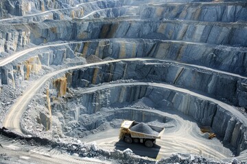 A large haul truck loaded with minerals navigates the terraced paths of a deep pit mine, showcasing the scale of mining operations. - obrazy, fototapety, plakaty
