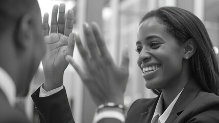 Monochrome image of two business professionals giving a high five. Workplace achievement and collaboration concept.