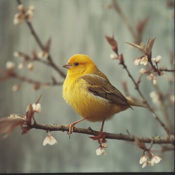 Yellow Finch on Blossoming Branch