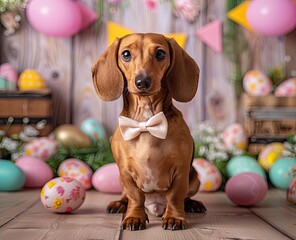 Easter Dachshund: Pup with Bow Tie Posing Against Easter Backdrop

