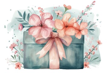 A charming watercolor illustration of a gift box adorned with a satin ribbon and surrounded by spring florals, invoking a sense of celebration and joy.