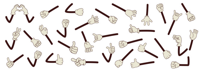 Set of hands in comic style. Groovy style. Vector illustration. Isolated. Collection of Different hand poses. Cute character in hippie funky style. Y2k. Stickers. Vintage retro. Funny trendy style