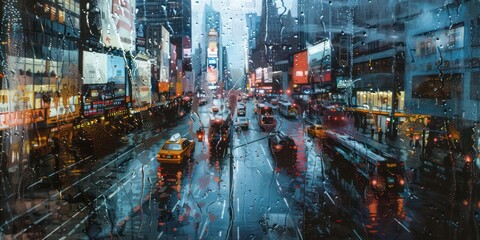 The rain-soaked cityscape, viewed through the window, presents an evocative depiction of urban existence seen through the lens of water-covered glass.