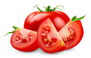 Ripe tomato with slices isolated on a transparent background.