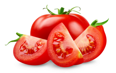Ripe tomato with slices isolated on a transparent background.