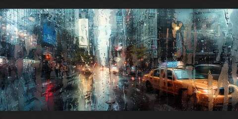 Through the rain-drenched window, the cityscape gleams, providing a cinematic portrayal of urban life refracted through water-slicked glass.