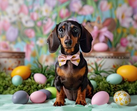 Easter Dachshund: Pup with Bow Tie Posing Against Easter Backdrop
