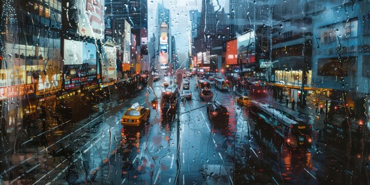 Fototapeta The rain-soaked cityscape, viewed through the window, presents an evocative depiction of urban existence seen through the lens of water-covered glass.