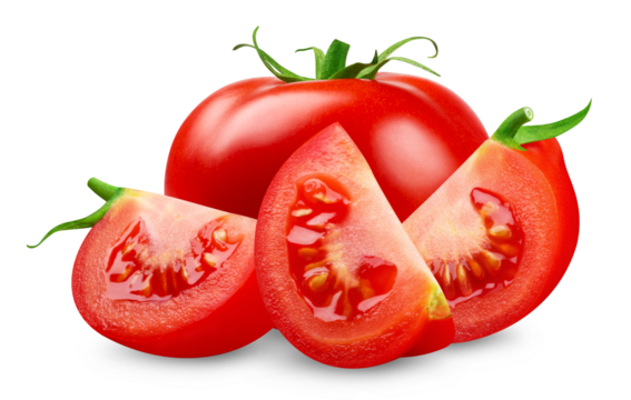 Ripe tomato with slices isolated on a transparent background.