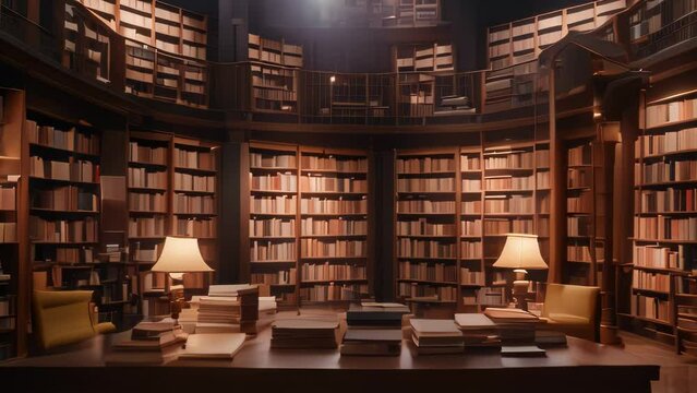 World Poetry Day Video animation of elegant library, with walls lined with bookshelves filled to capacity. A wooden desk adorned with reading materials and a classic lamp is centrally positioned