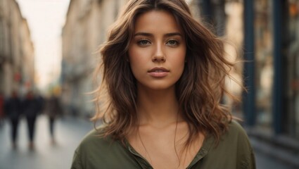 Obraz premium Woman With Long Hair Standing on City Street. Generative AI.