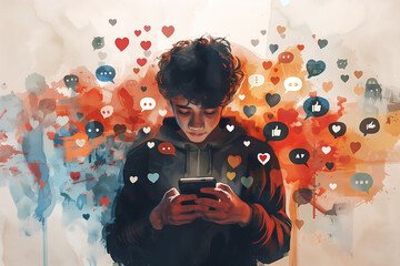 Cell phone addict, teenager addicted to mobile phone and social media, cellphone and screen display dependency of children, excess and addiction of technology