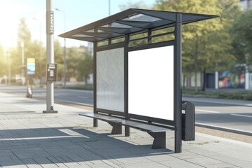 Sunny Day Bus Stop with Blank Advertisement Billboard Mockup.