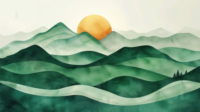 Abstract wallpaper design depicting a green landscape with rolling hills and towering mountains.