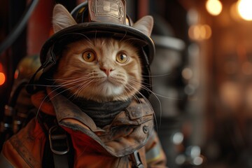Cute cat fireman with helmet near fire